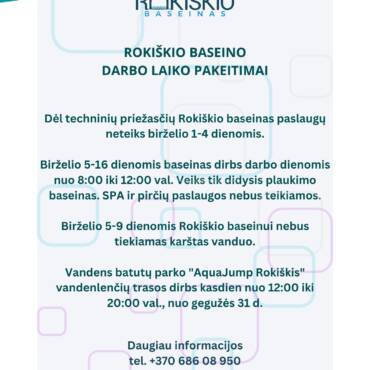 Rokiškio baseino darbo laiko pakeitimai